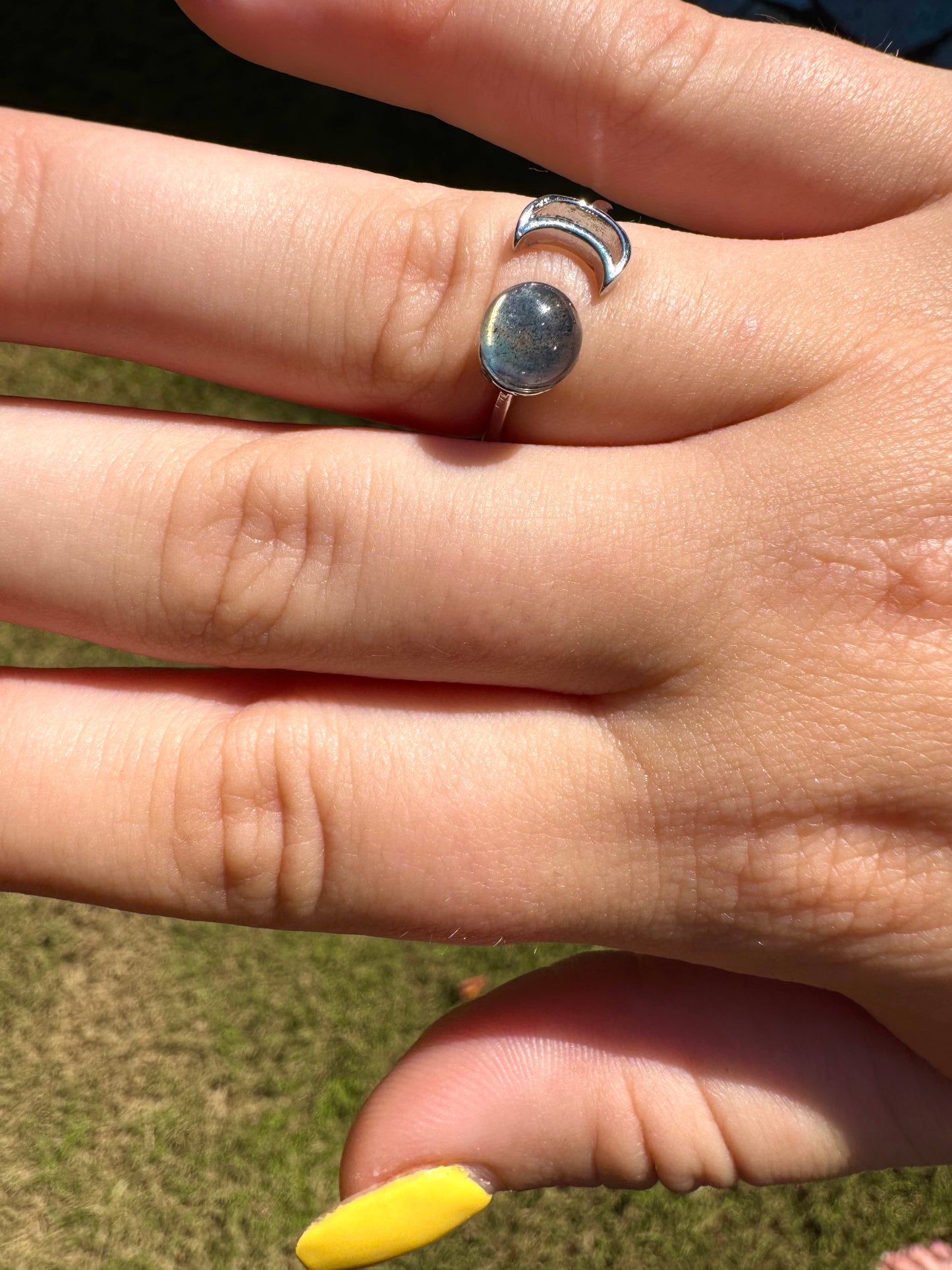 Natural Flash Labradorite Ring Stainless Steel Adjustable