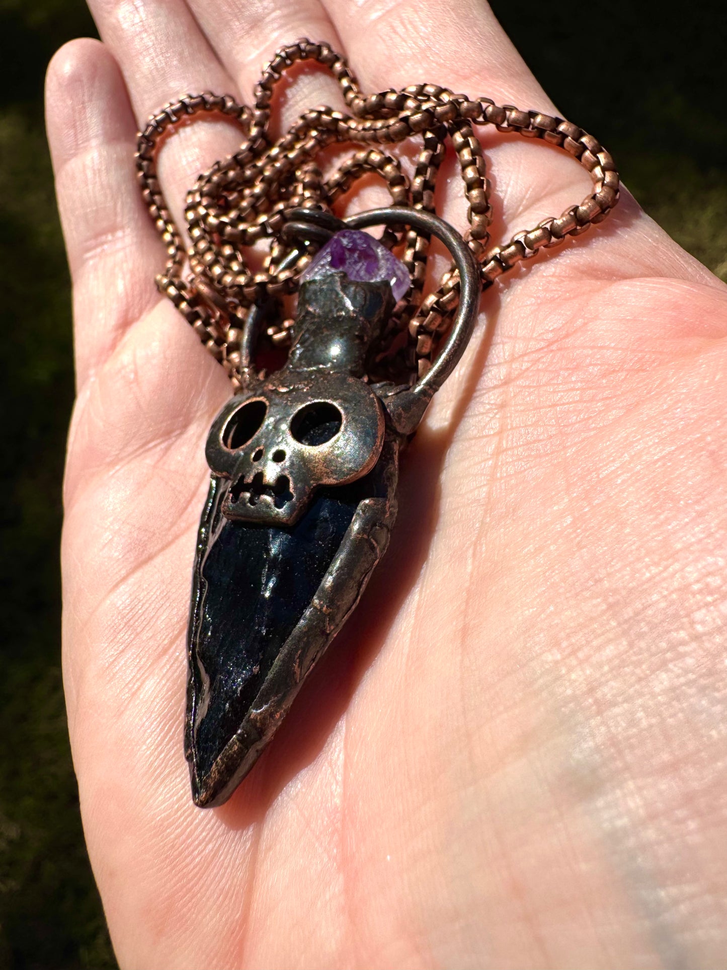 Skull Pendant with Amethyst and Obsidian