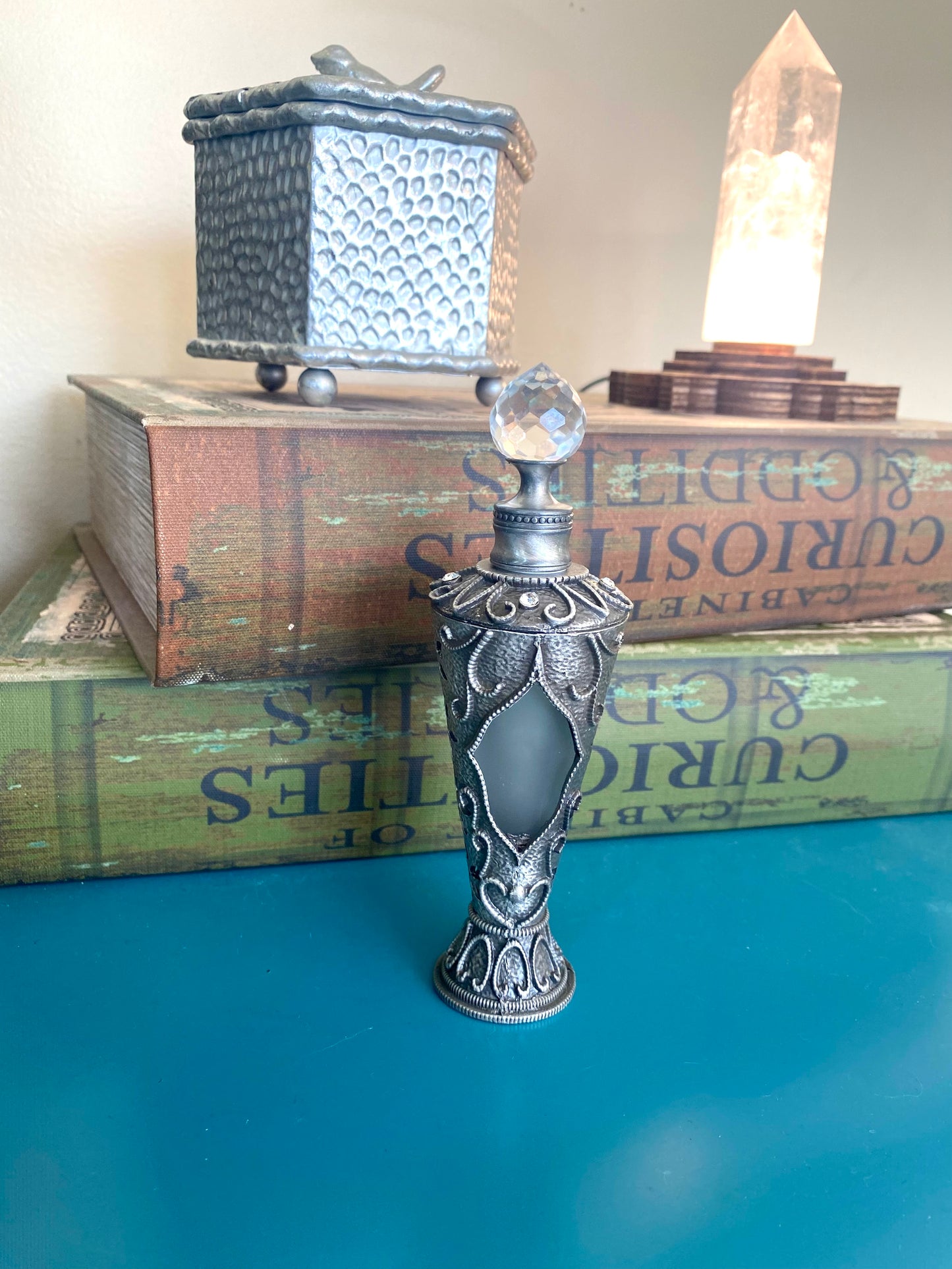 Tall Silver and Glass Elegant Vintage Perfume Oil Bottle