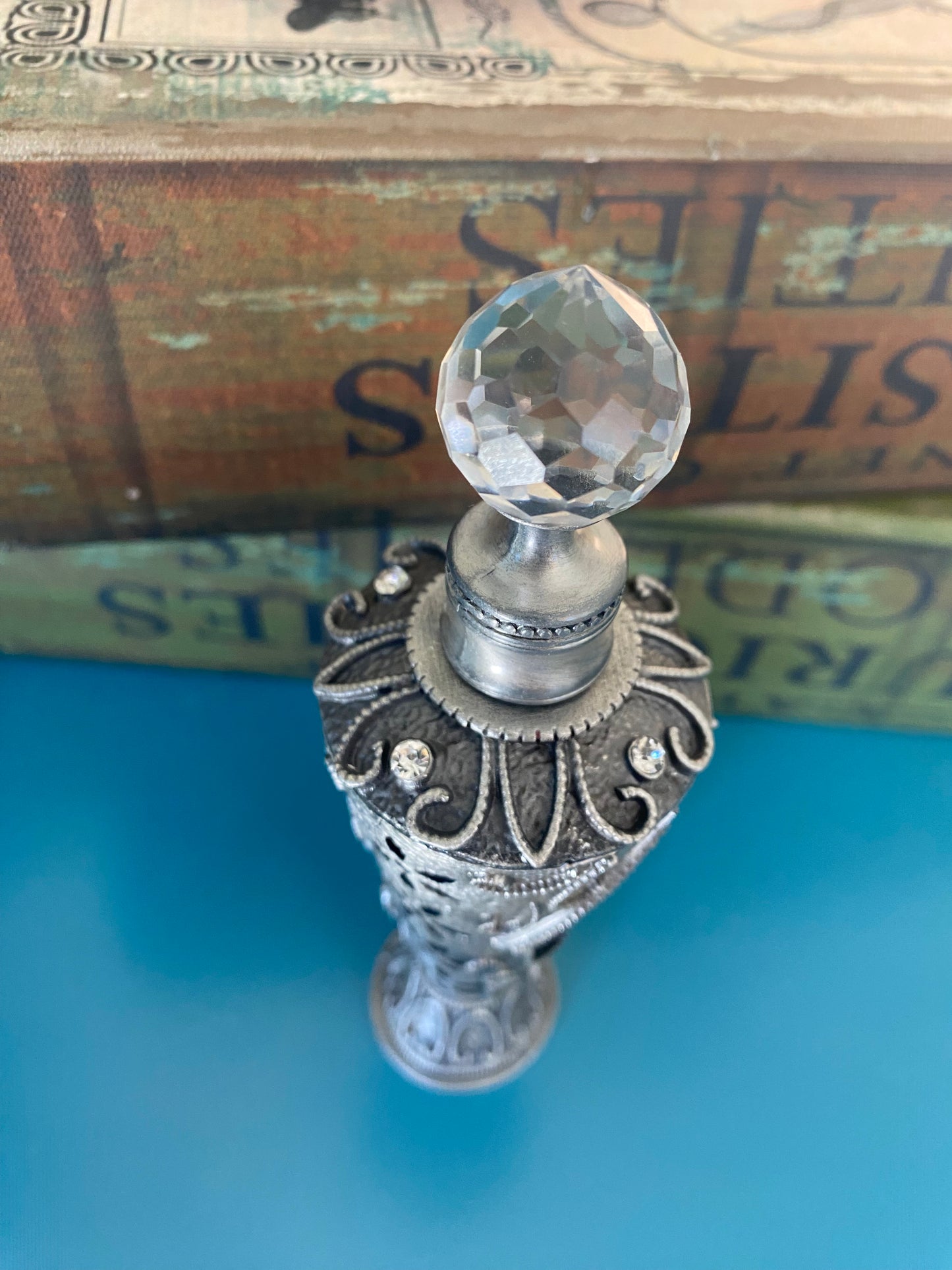 Tall Silver and Glass Elegant Vintage Perfume Oil Bottle