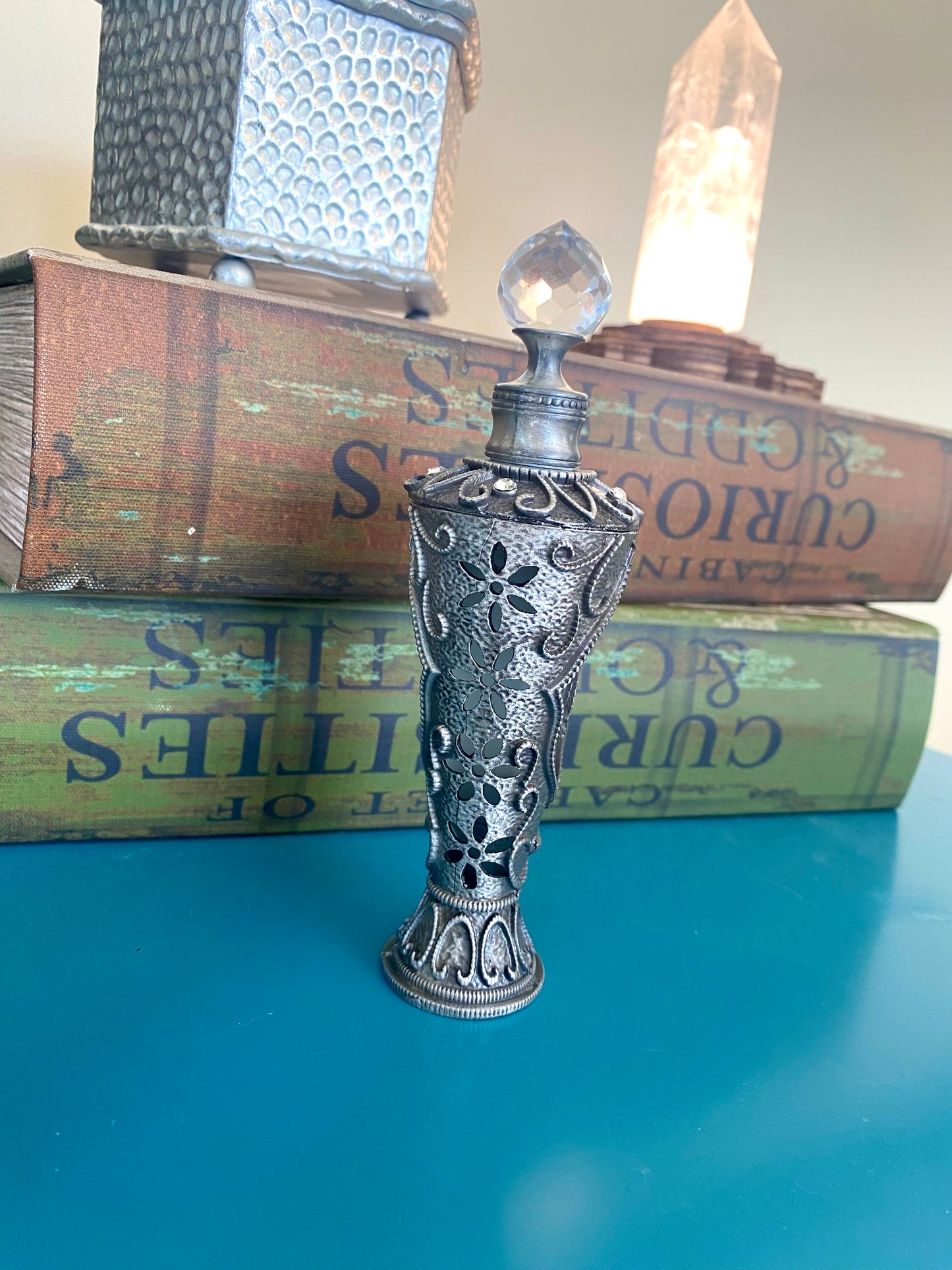 Tall Silver and Glass Elegant Vintage Perfume Oil Bottle