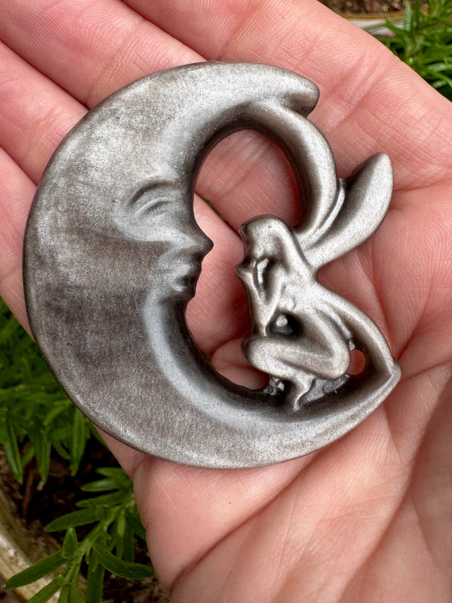 Silver Obsidian Moon with Fairy Carving Free Gift
