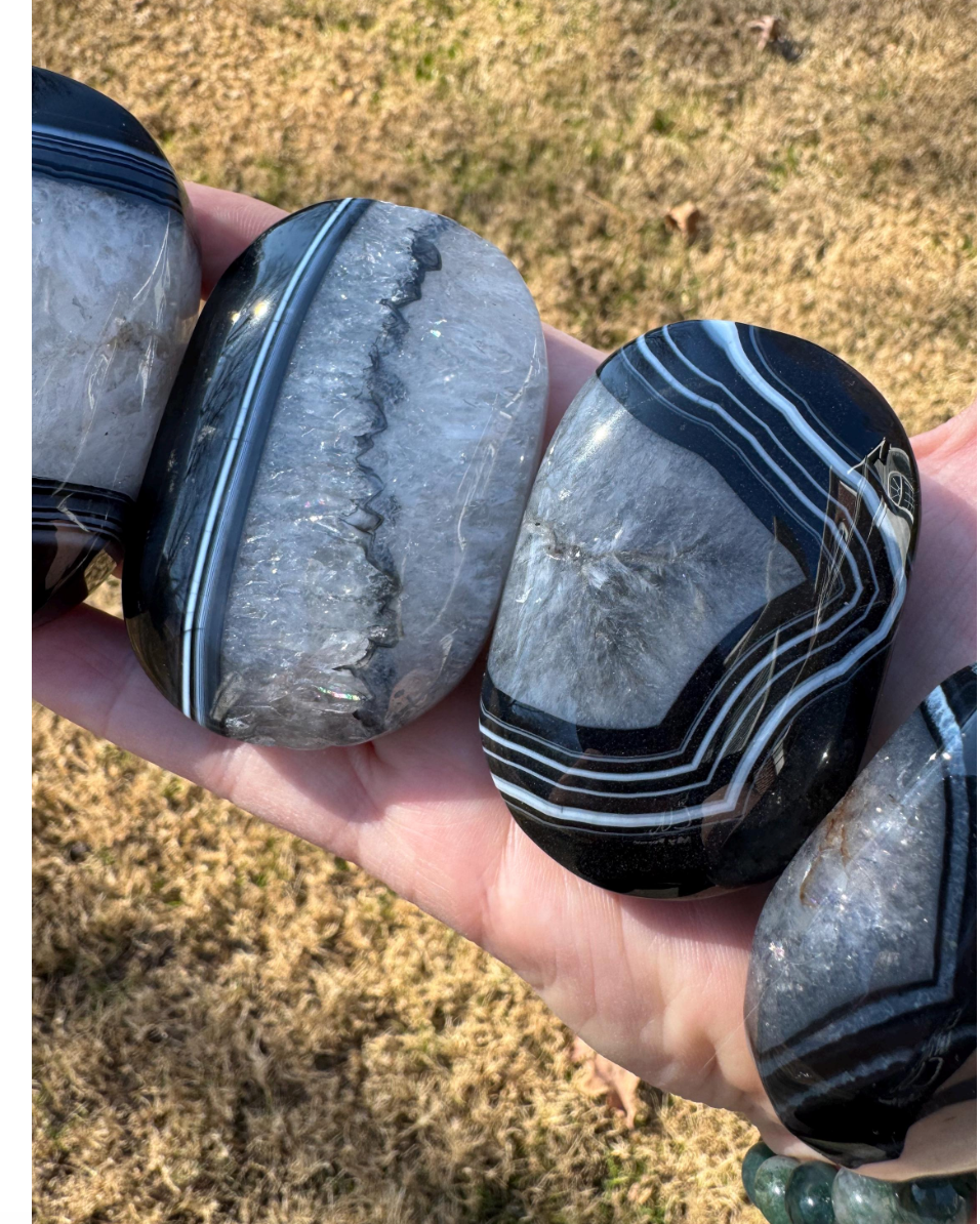 Beautiful Black Agate mixed w/ Quartz Palm Stones Free Gift Wrap