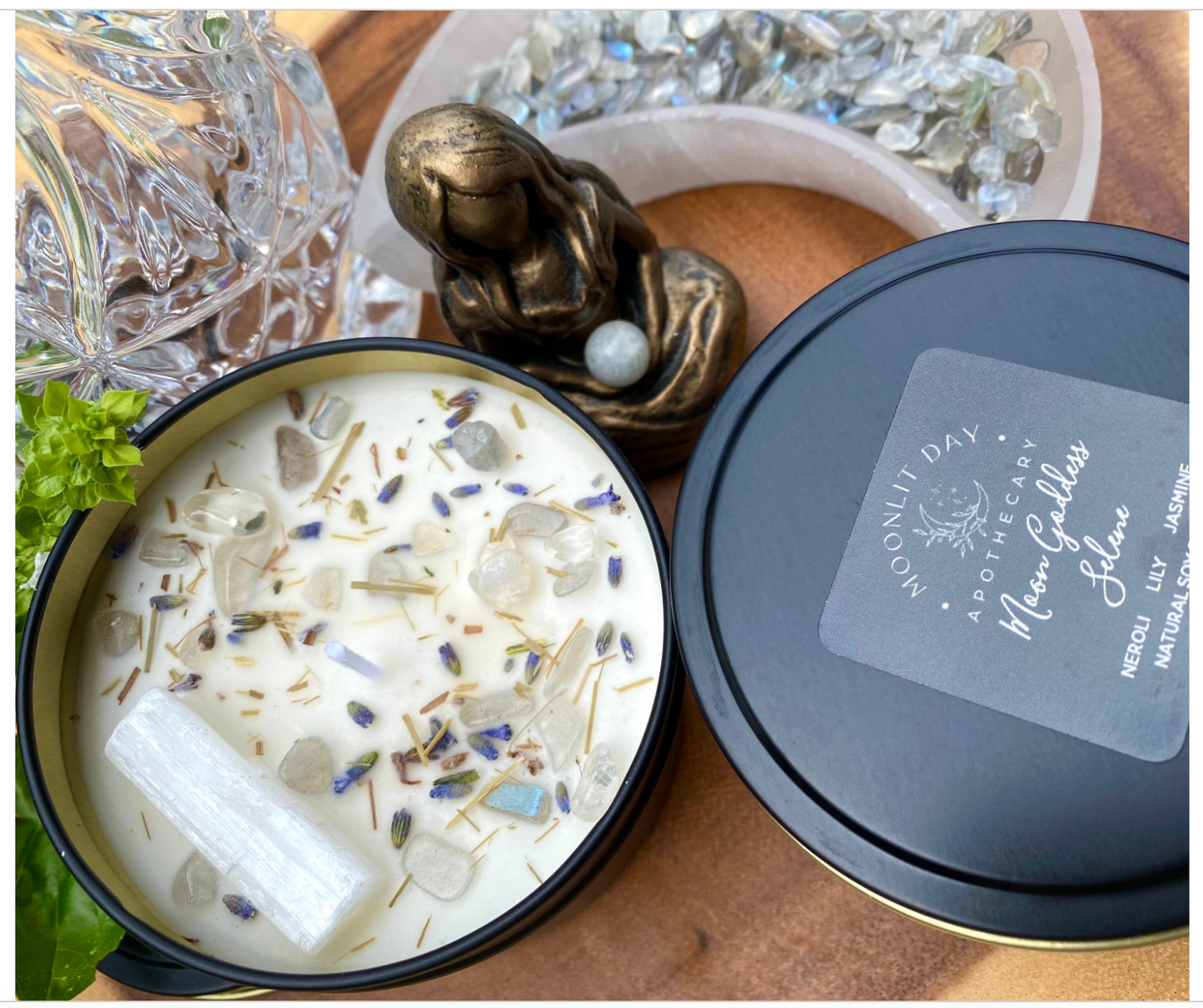 Moon Goddess Selene Ritual Candle Soy  Organic Essential Oils Crystal infused * Free Gift Wrap *Luna Intention Candle