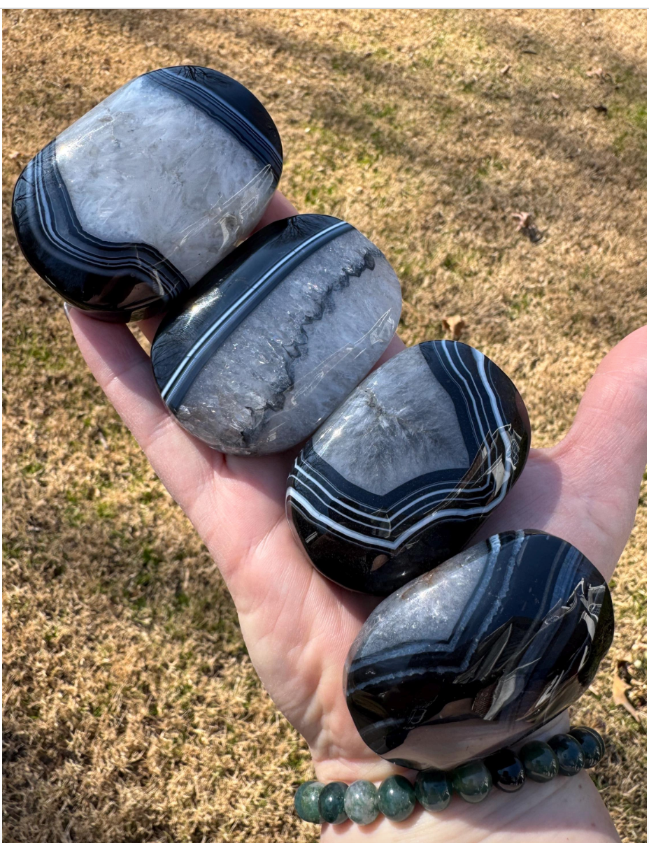 Beautiful Black Agate mixed w/ Quartz Palm Stones Free Gift Wrap