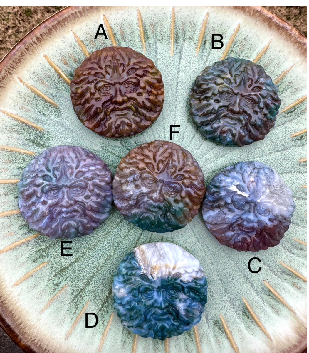 Ocean Jasper Green Man Crystal Carving Altar Tile Palm Stone 2" GreenMan Foliate Head Pagan God Free Gift Wrap