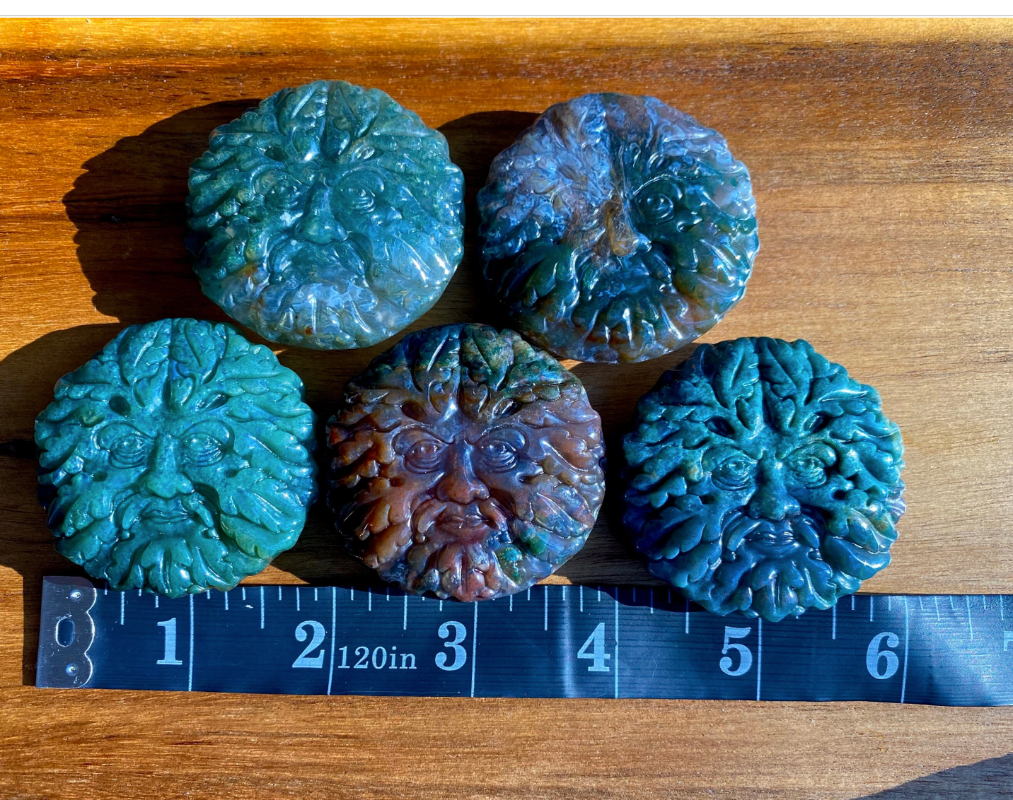 Ocean Jasper Green Man Crystal Carving Altar Tile Palm Stone 2" GreenMan Foliate Head Pagan God Free Gift Wrap