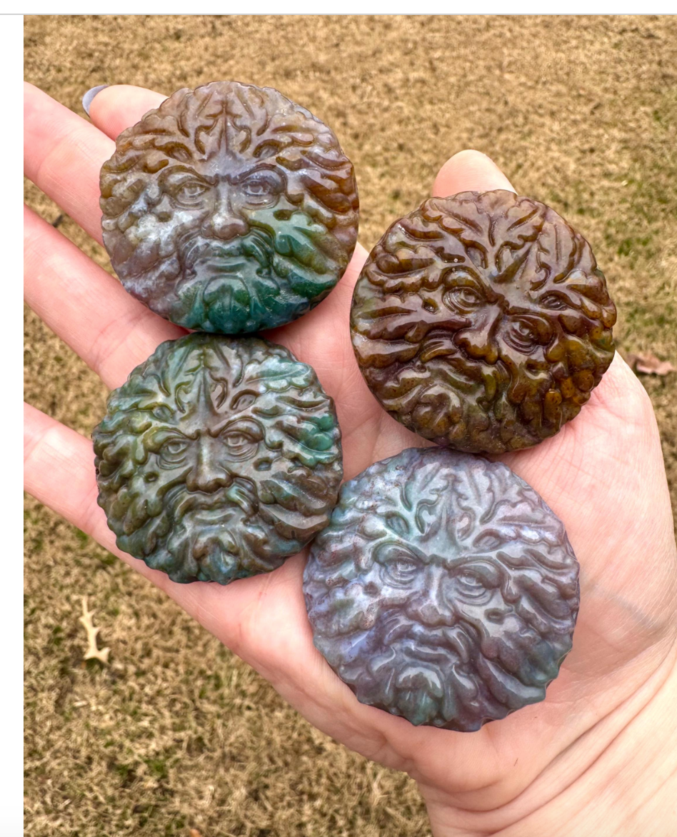 Ocean Jasper Green Man Crystal Carving Altar Tile Palm Stone 2" GreenMan Foliate Head Pagan God Free Gift Wrap