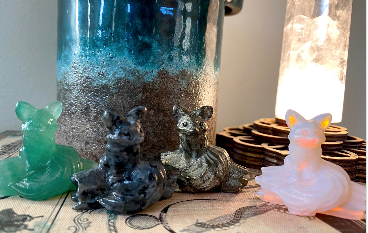 Crystal Carved Fox on a Log 1.5” long Aventurine Pink Opalite Larvikite Pyrite Free Gift Wrap