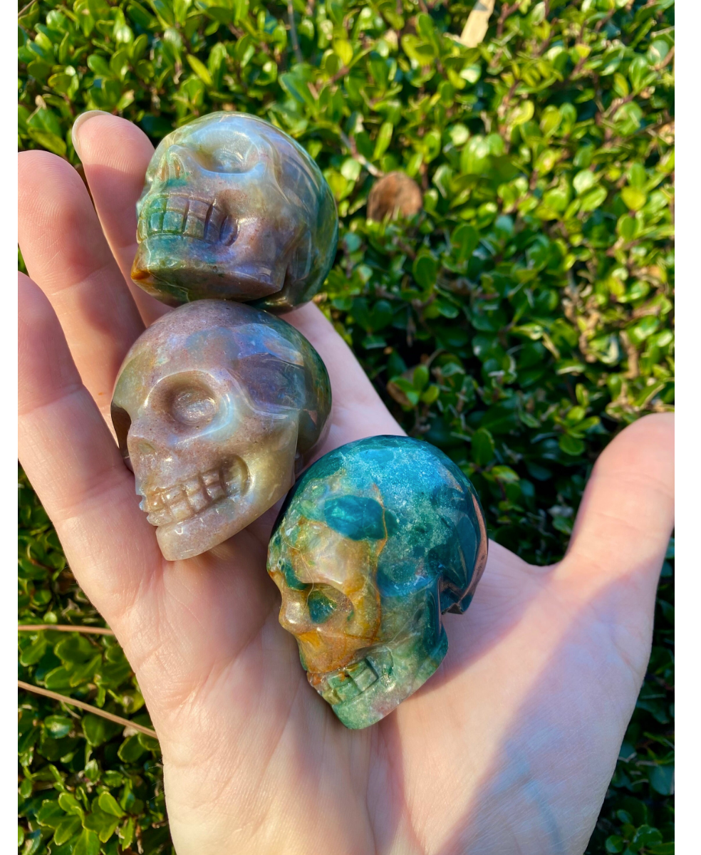 Ocean Jasper Skull Crystal Carving High Quality Hand Carved Stone 1.75”- 2" Green Purple Skulls Free Gift Wrap You Choose