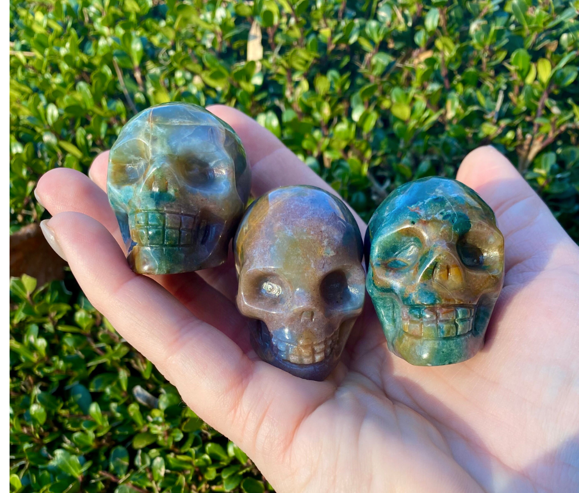 Ocean Jasper Skull Crystal Carving High Quality Hand Carved Stone 1.75”- 2" Green Purple Skulls Free Gift Wrap You Choose