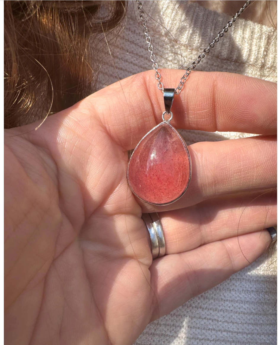 Dark Pink Natural Strawberry Quartz Teardrop Pendant with 20” Siver Necklace Chain * Free Gift Wrap * Statement Piece Pink Crystal Stone