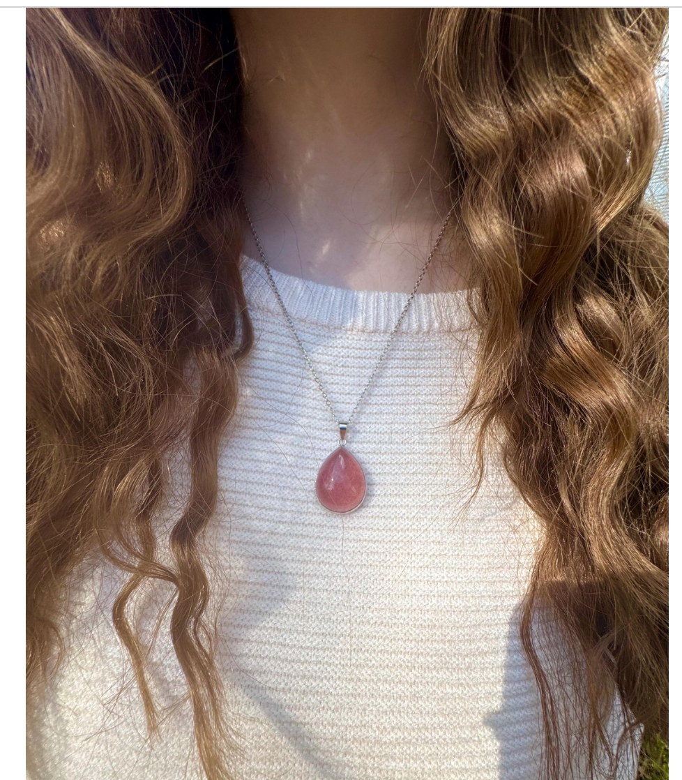 Dark Pink Natural Strawberry Quartz Teardrop Pendant with 20” Siver Necklace Chain * Free Gift Wrap * Statement Piece Pink Crystal Stone