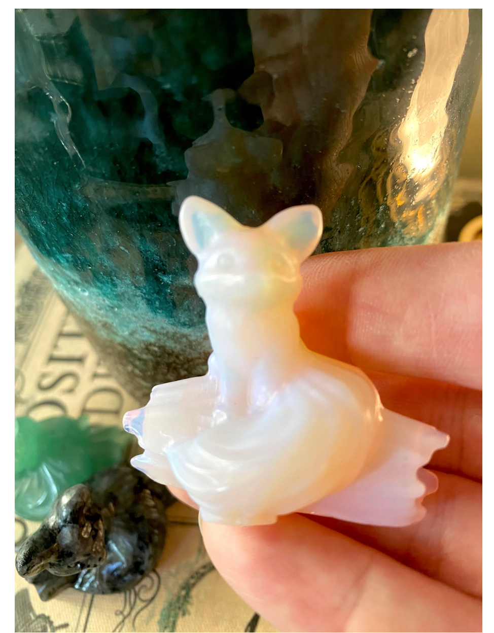 Crystal Carved Fox on a Log 1.5” long Aventurine Pink Opalite Larvikite Pyrite Free Gift Wrap