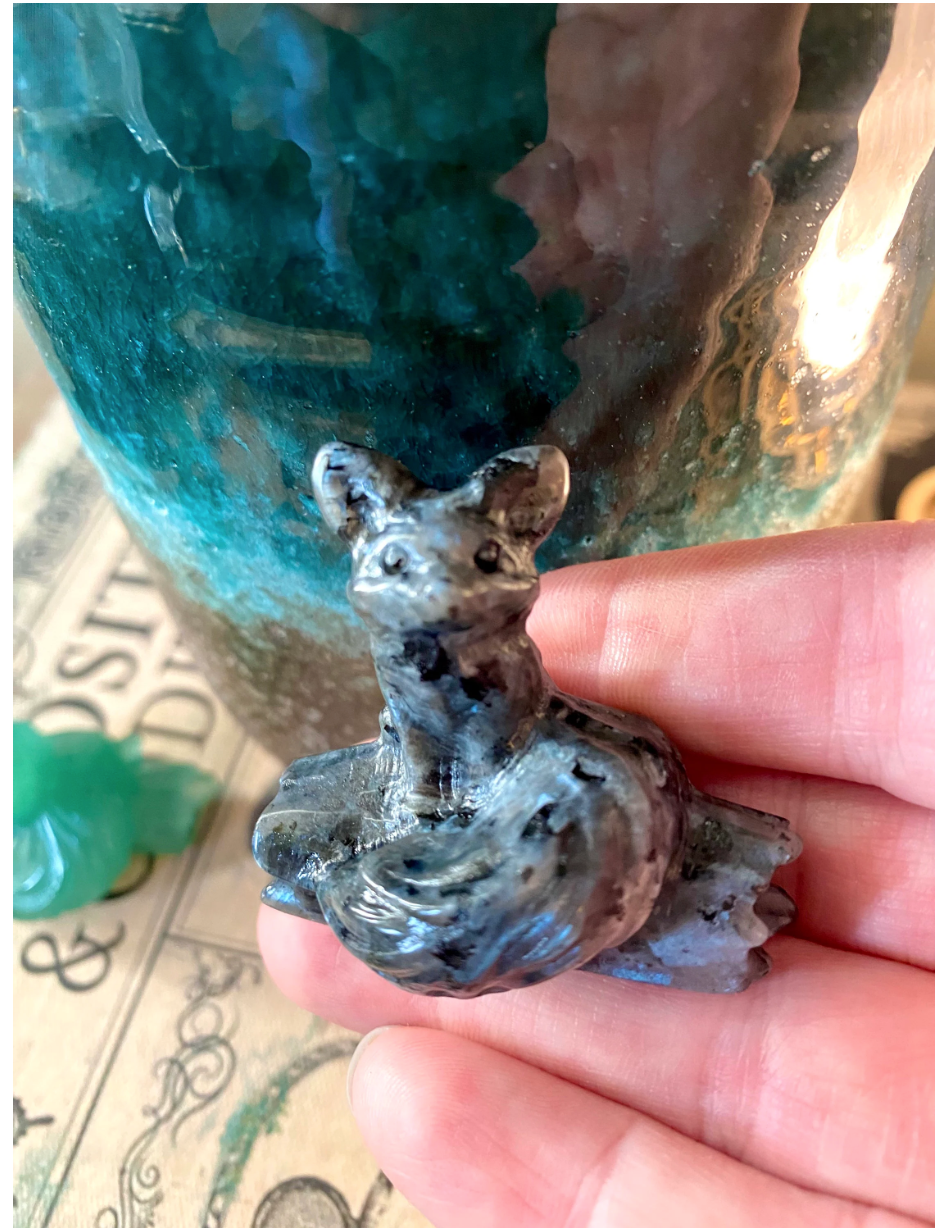 Crystal Carved Fox on a Log 1.5” long Aventurine Pink Opalite Larvikite Pyrite Free Gift Wrap