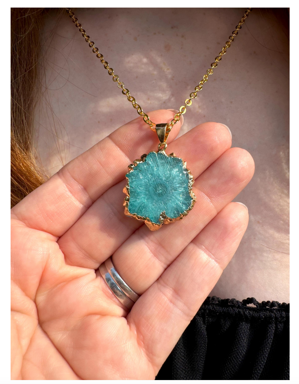 Blue Agate and Gold Hand Made Necklace Dyed Agate Free Gift Wrap Necklace Electroformed Statement Piece