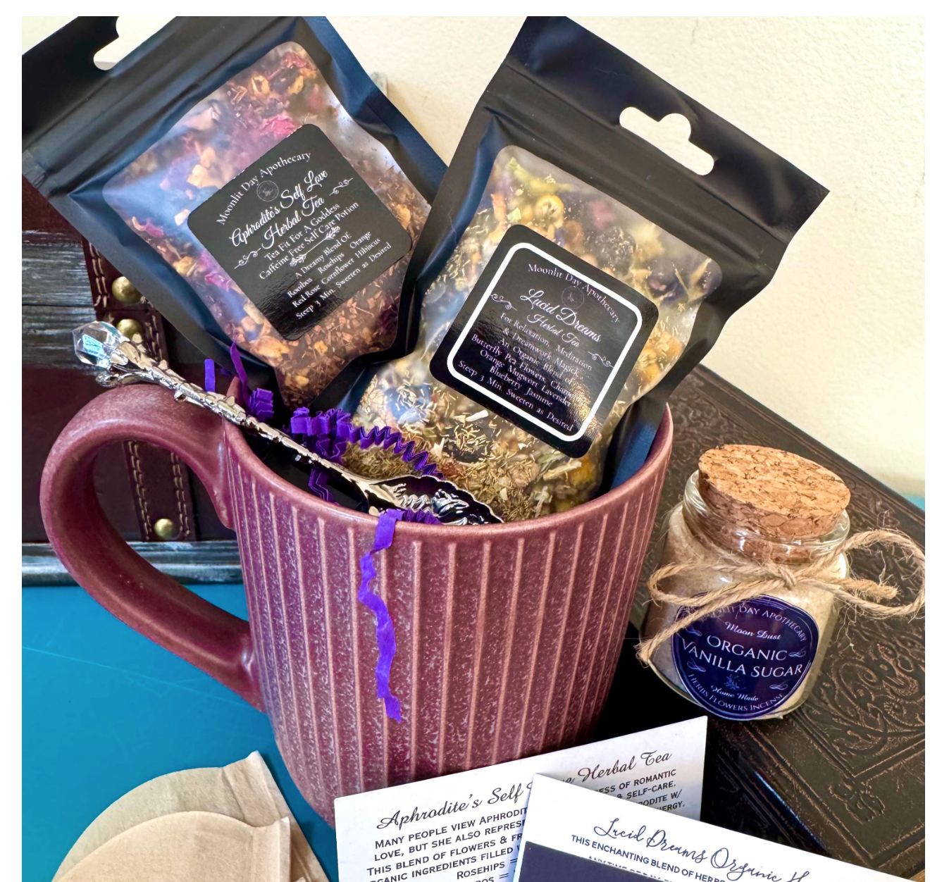 Tea Sampler w/Mug Aphrodite’s Self Love Tea & Lucid Dreams Tea Free Gift Wrap Vanilla Sugar Vintage Spoon Witchcraft Magic