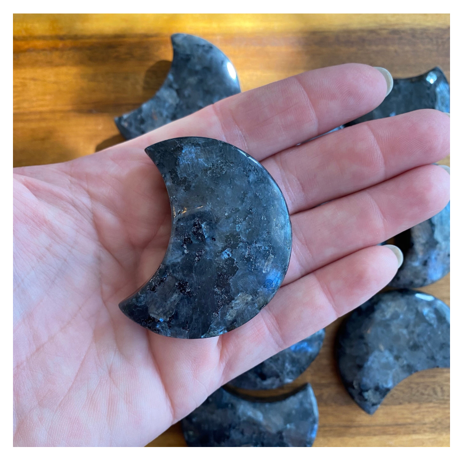 Flashy Larvikite Moon Palm Stone  2.1". Free Gift Wrap