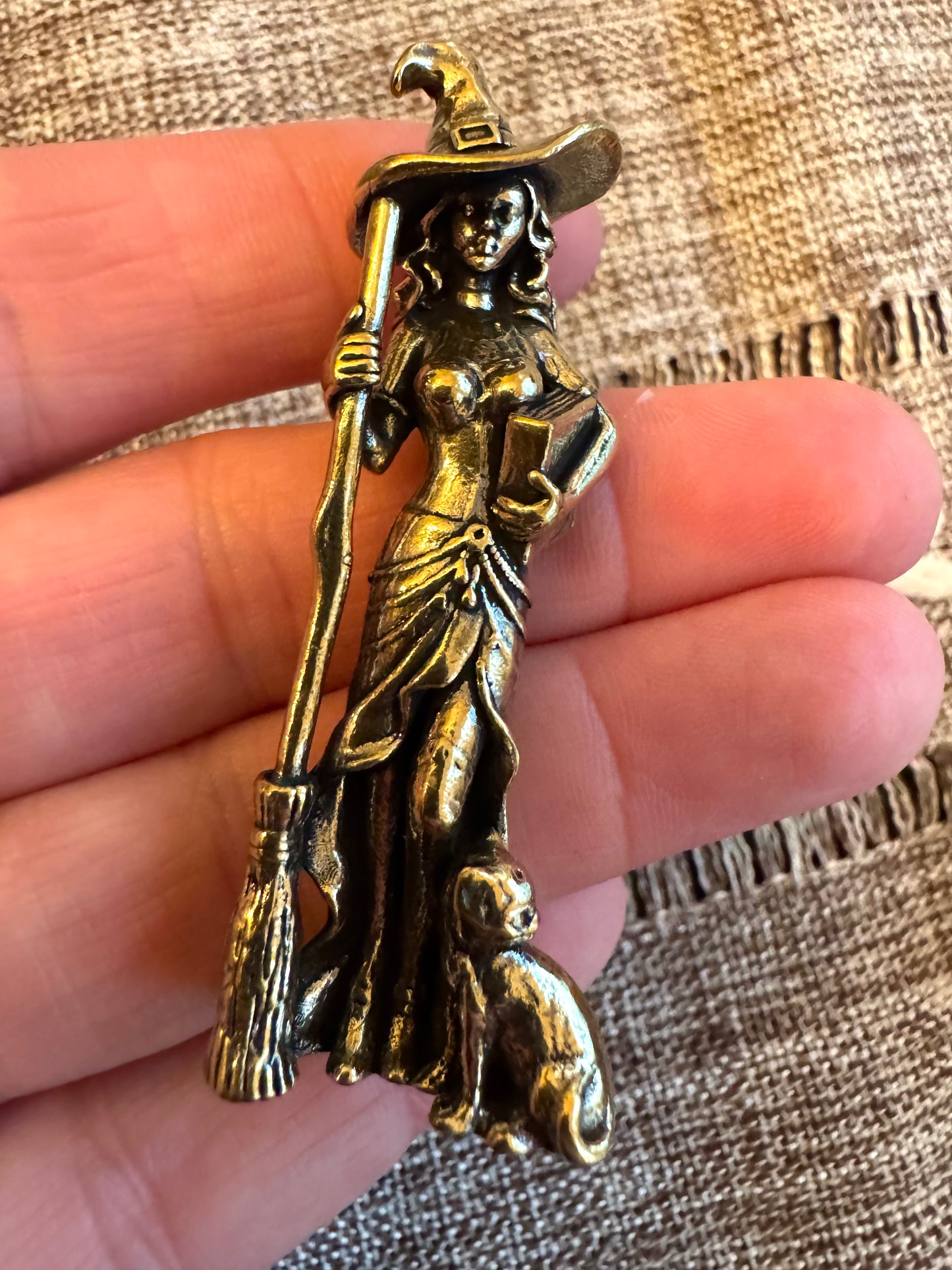 Brass Witch Statue Standing or on Broom 2”