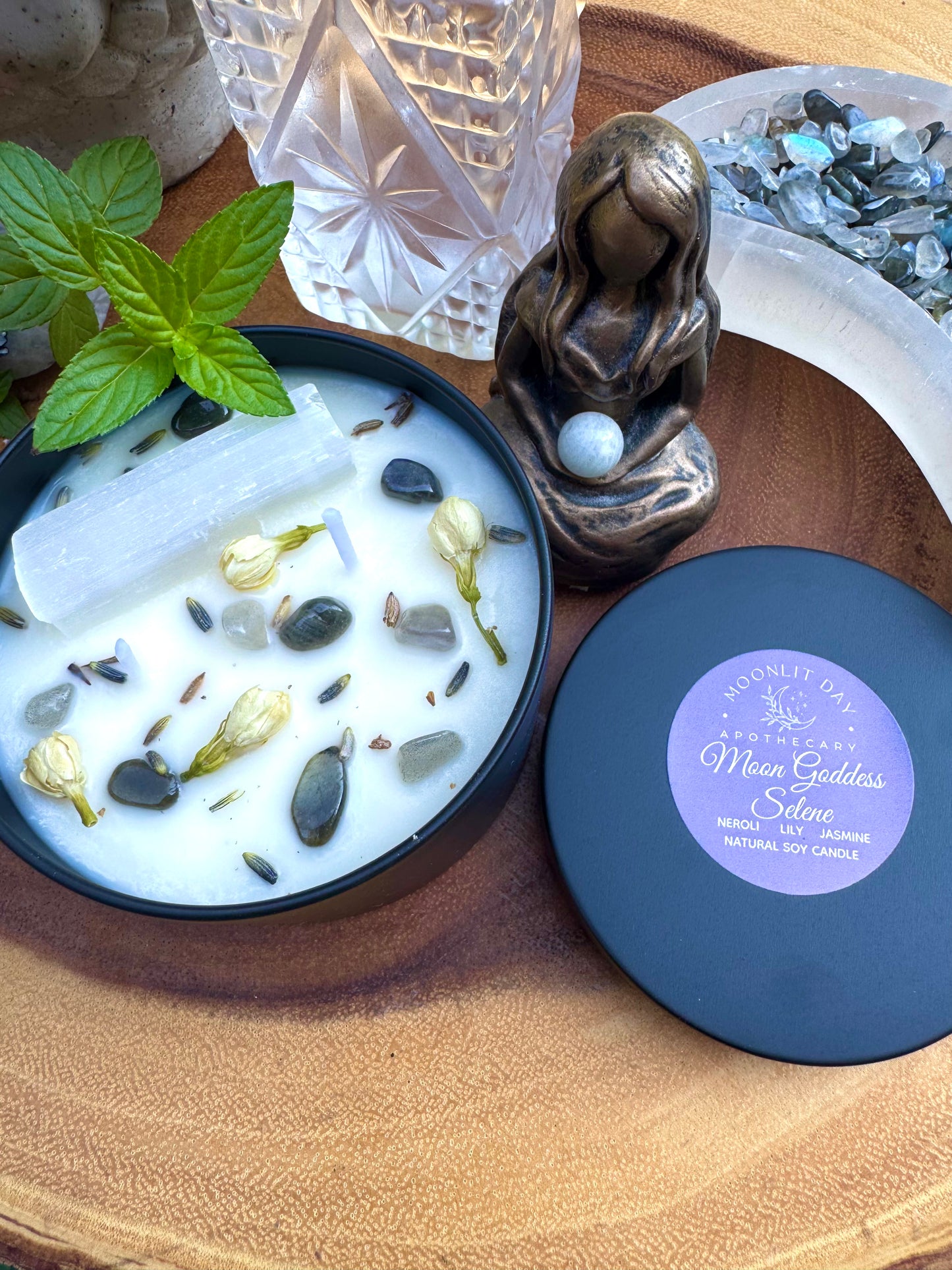 Moon Goddess Selene Ritual Candle Soy  Organic Essential Oils Crystal infused * Free Gift Wrap *Luna Intention Candle