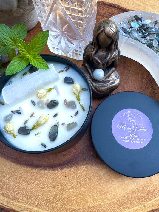 Moon Goddess Selene Ritual Candle Soy  Organic Essential Oils Crystal infused * Free Gift Wrap *Luna Intention Candle