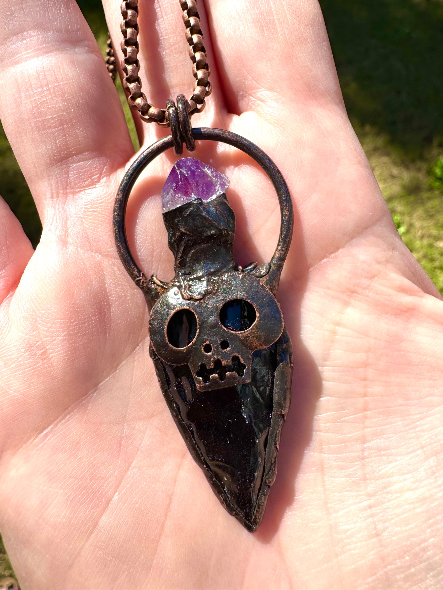 Skull Pendant with Amethyst and Obsidian