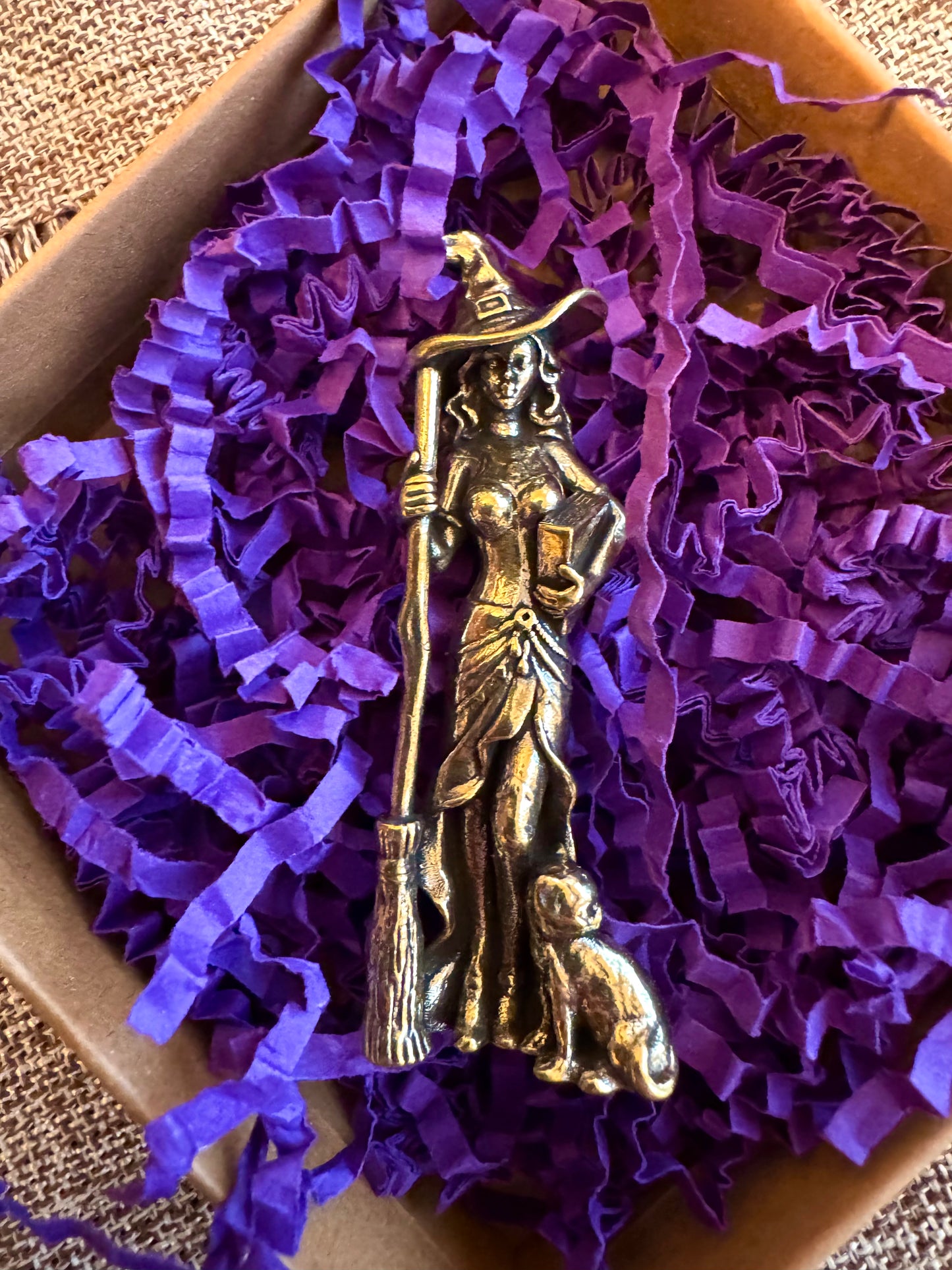 Brass Witch Statue Standing or on Broom 2”