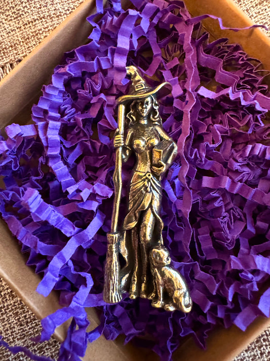 Brass Witch Statue Standing or on Broom 2”