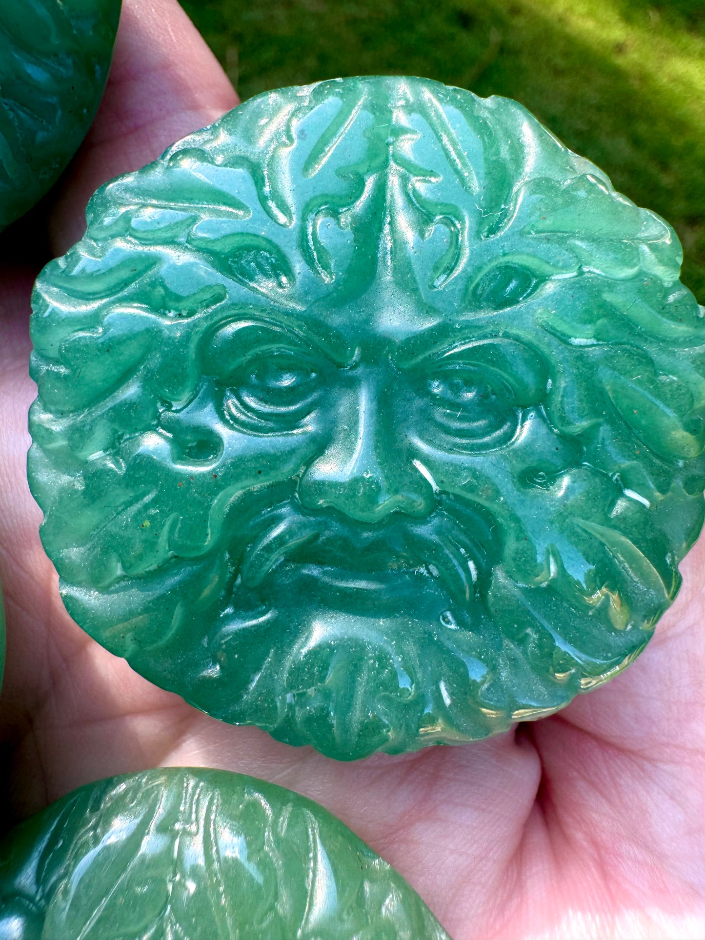 Green Aventurine Green Man Crystal Carving Altar Tile Palm Stone 2" GreenMan Foliate Head Pagan God Free Gift Wrap