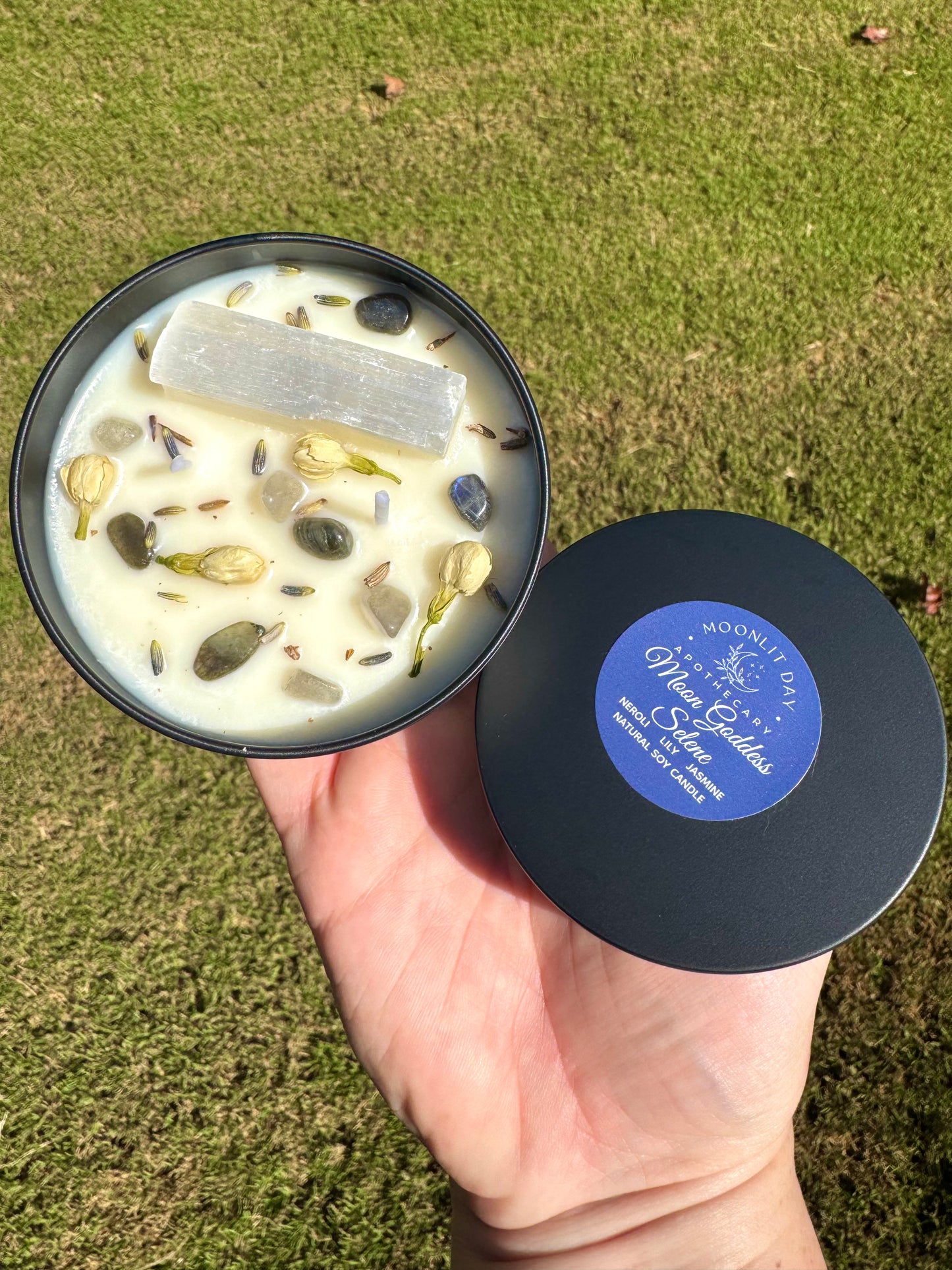 Moon Goddess Selene Ritual Candle Soy  Organic Essential Oils Crystal infused * Free Gift Wrap *Luna Intention Candle