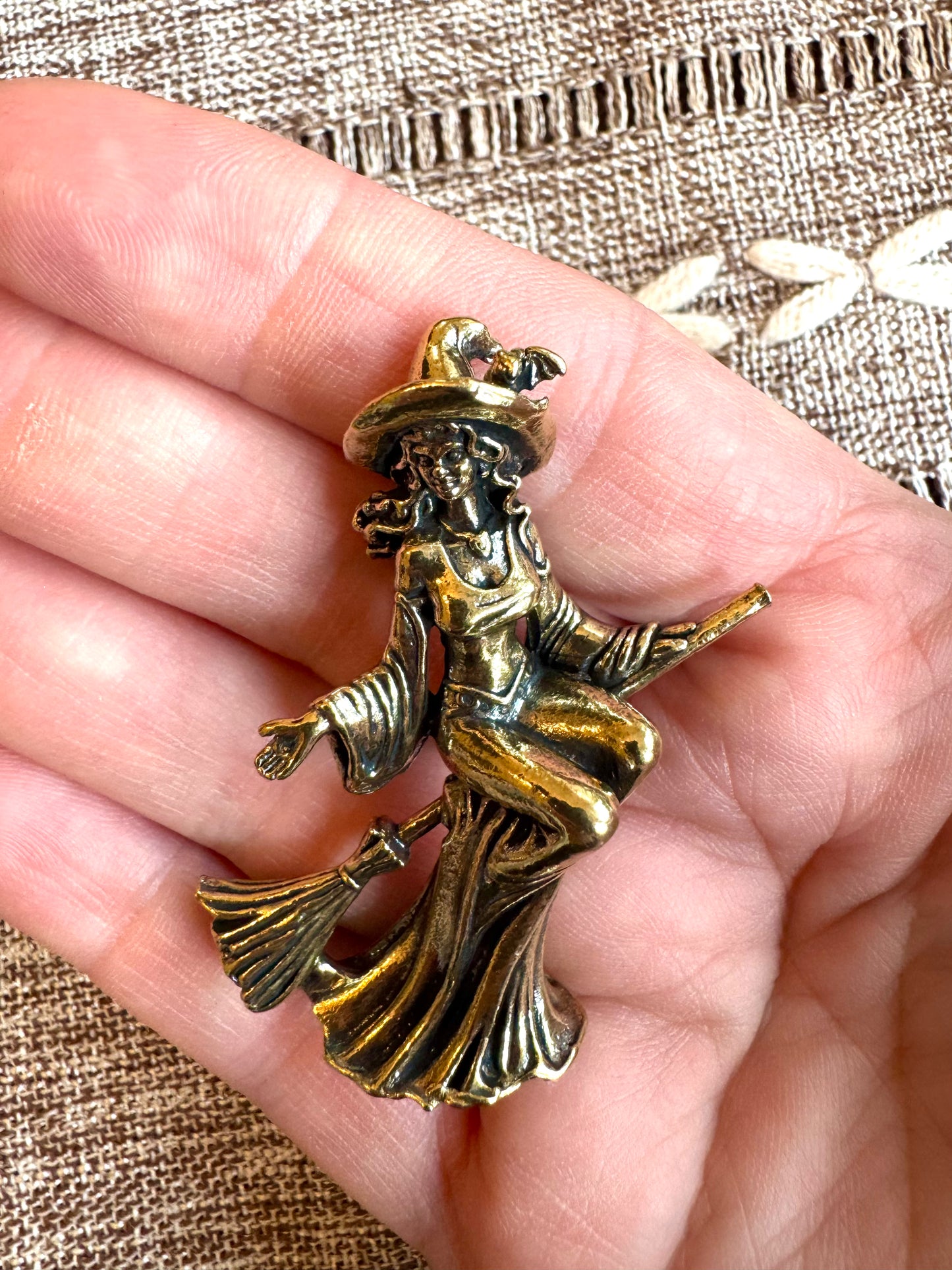 Brass Witch Statue Standing or on Broom 2”