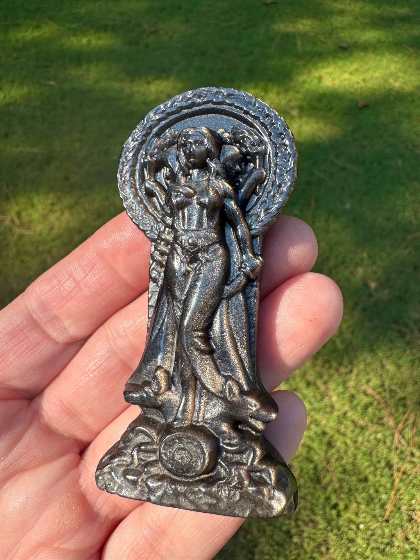 Hecate Statue Silver Sheen Obsidian Figure Hekate 3”