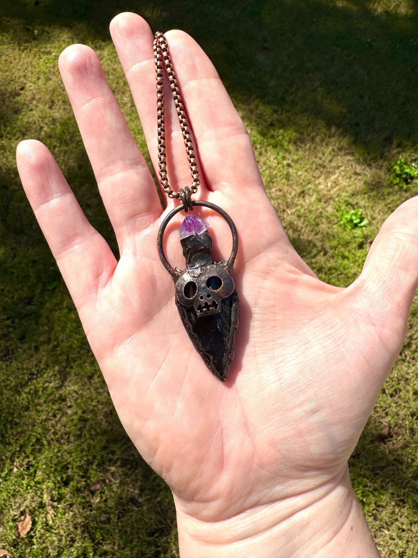 Skull Pendant with Amethyst and Obsidian