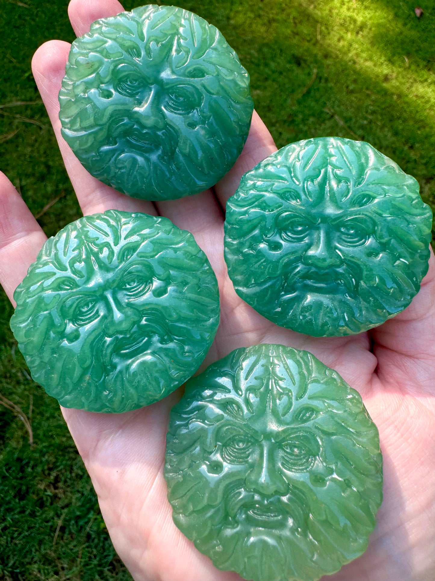 Green Aventurine Green Man Crystal Carving Altar Tile Palm Stone 2" GreenMan Foliate Head Pagan God Free Gift Wrap