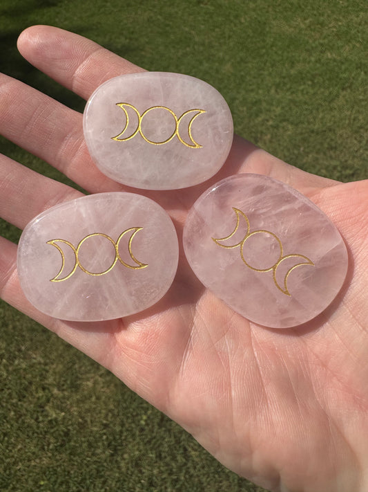 Triple Moon Rose Quartz Palm Stone Pocket Stone Altar Decor
