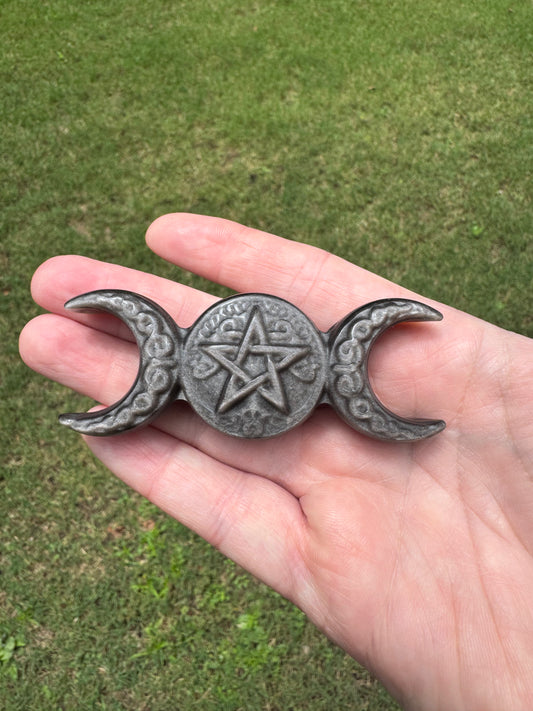 Triple Moon Pentagram Crystal Carving Silver Sheen Obsidian