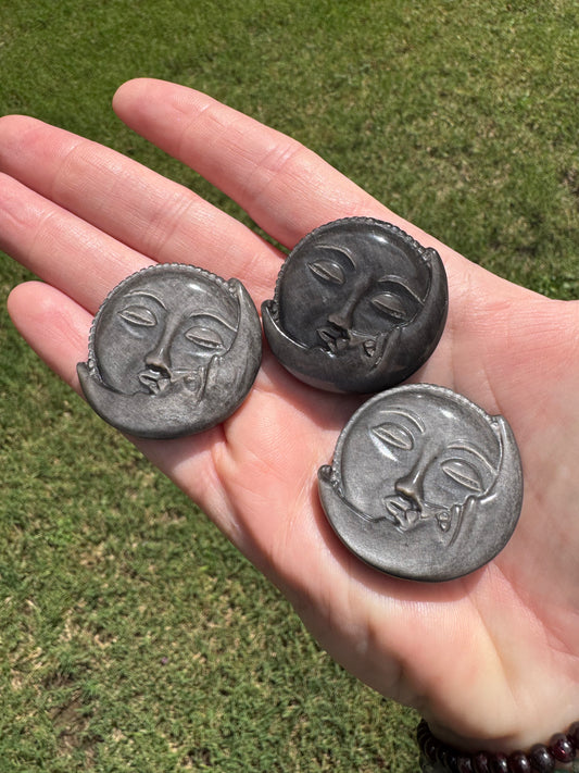 Moon / Sun Silver Sheen Obsidian Moon/Sun Face 1.6” Crystal Stone