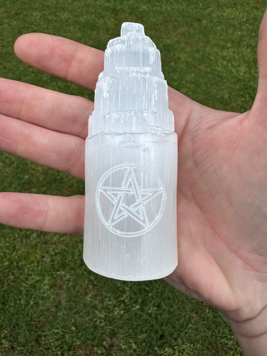 Selenite Towers 4 inches Etching Pentagram Altar Decor