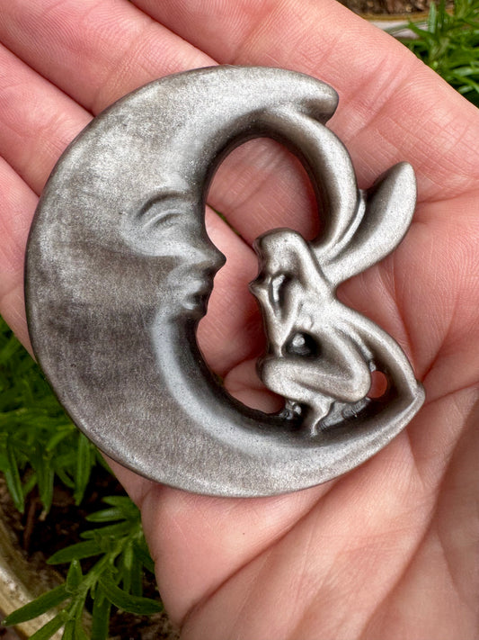 Silver Obsidian Moon with Fairy Carving Free Gift