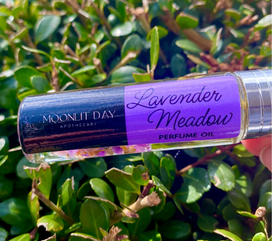 Lavender Meadow Perfume Oil Stress Relief Organic Aromatherapy Amethyst Crystal Infused Essential Oils Intention Relaxation Calming Relaxing