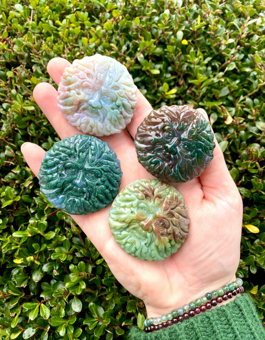 Ocean Jasper Green Man Crystal Carving Altar Tile Palm Stone 2" GreenMan Foliate Head Pagan God Free Gift Wrap