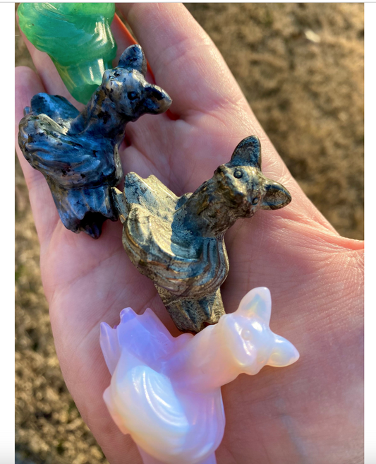 Crystal Carved Fox on a Log 1.5” long Aventurine Pink Opalite Larvikite Pyrite Free Gift Wrap
