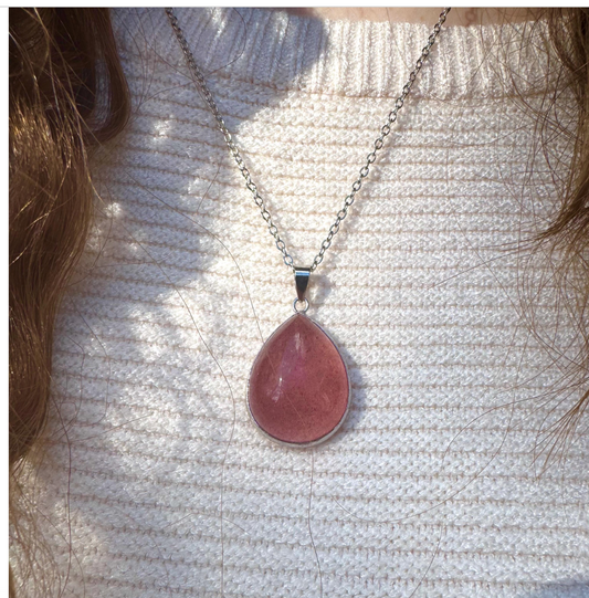 Dark Pink Natural Strawberry Quartz Teardrop Pendant with 20” Siver Necklace Chain * Free Gift Wrap * Statement Piece Pink Crystal Stone