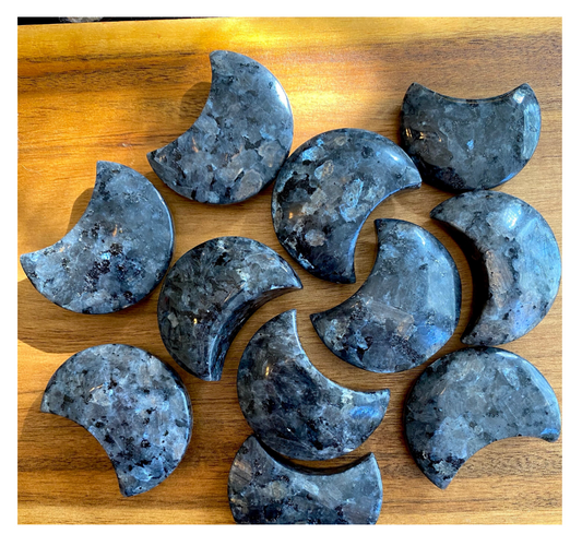 Flashy Larvikite Moon Palm Stone  2.1". Free Gift Wrap