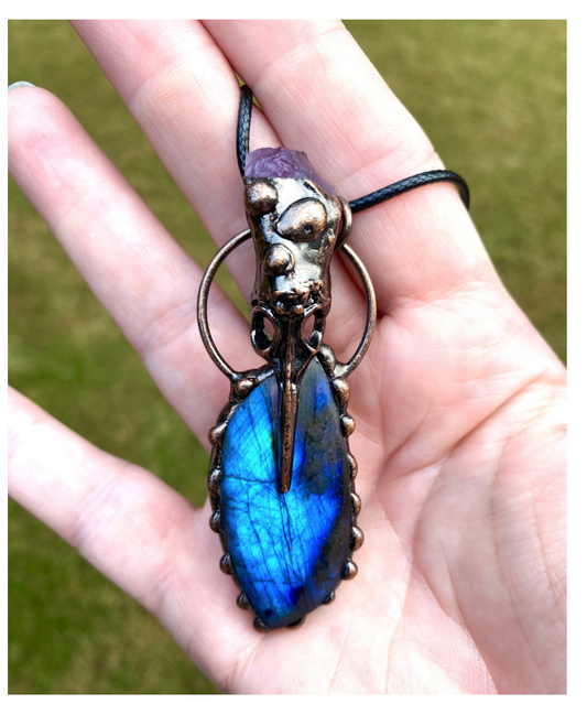 Copper Raven Skull Pendant Labradorite & Amethyst Necklace Crow Necklace